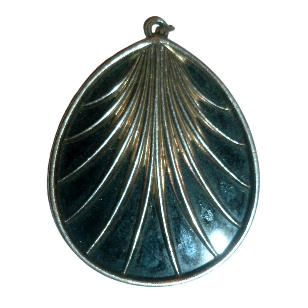 Vintage Art Deco Black Shell Pendant Silver Sterling Ribbed Fan Teardrop‎ Charm